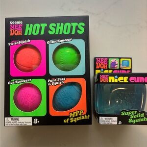 NeeDoh Hot Shots Kids Squeezable Toy Set AND Blue Nice Cube